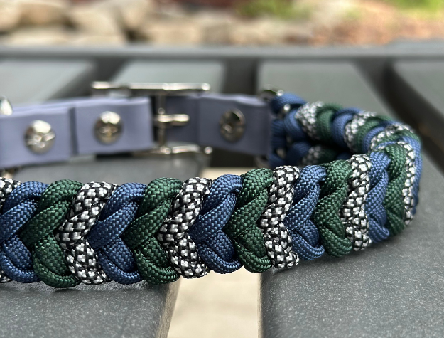 Coiled Charm Hand Braided Dog Collar in Navy, Emerald Green, & Silver Diamonds - American Bark Bliss