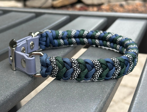 Coiled Charm Hand Braided Dog Collar in Navy, Emerald Green, & Silver Diamonds - American Bark Bliss