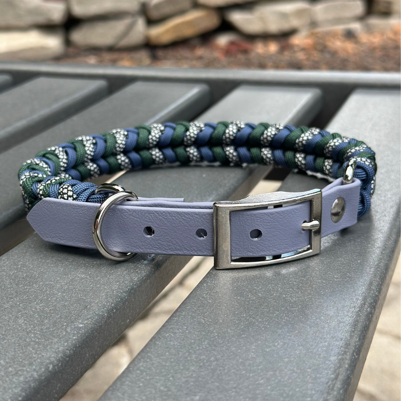 Coiled Charm Hand Braided Dog Collar in Navy, Emerald Green, & Silver Diamonds - American Bark Bliss