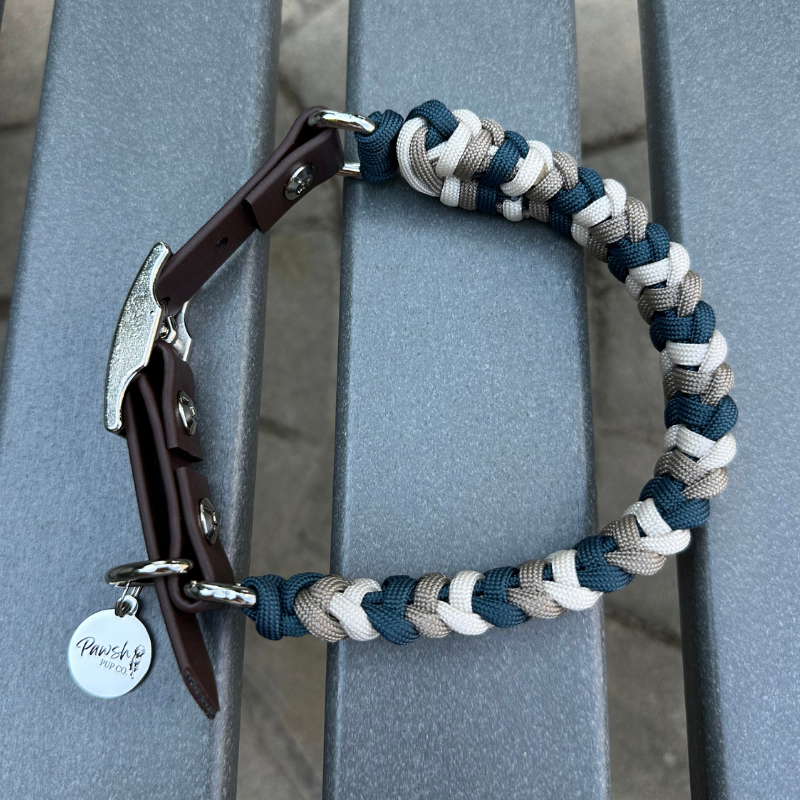 Coiled Charm Hand Braided Dog Collar in Navy, Tan, & Cream - American Bark Bliss