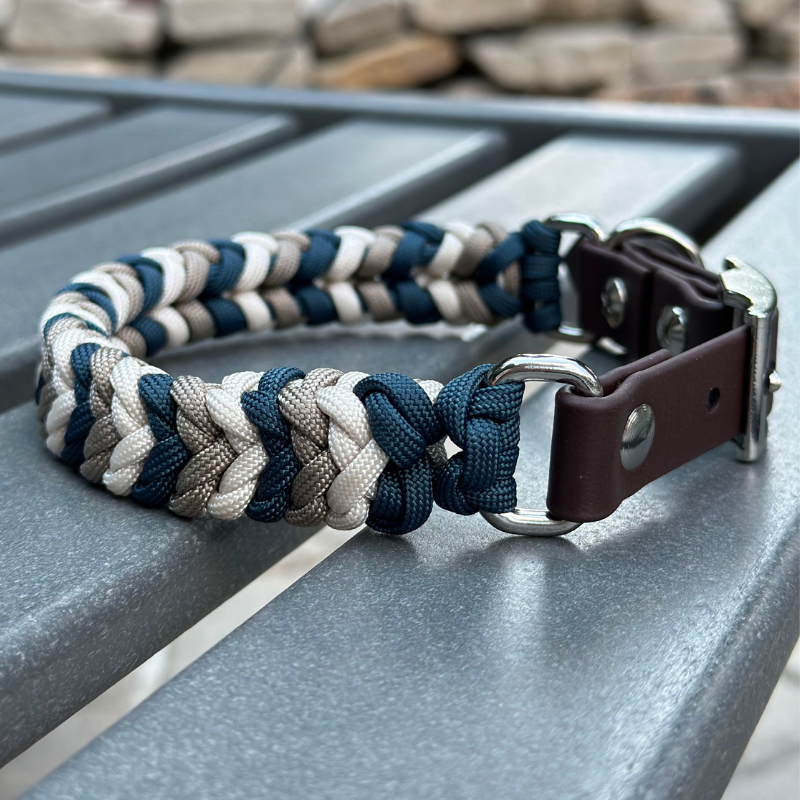 Coiled Charm Hand Braided Dog Collar in Navy, Tan, & Cream - American Bark Bliss