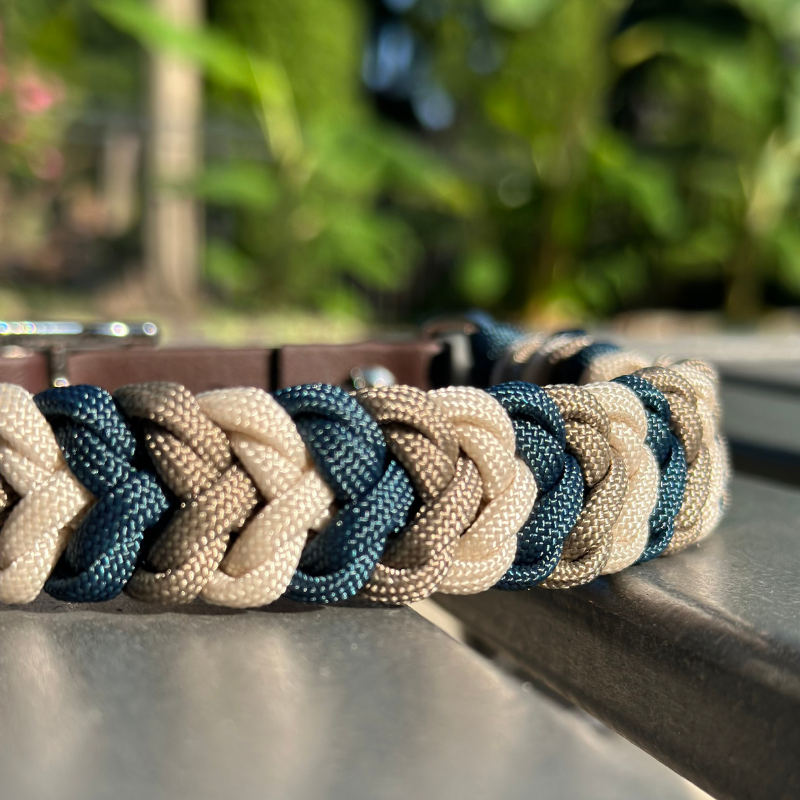 Coiled Charm Hand Braided Dog Collar in Navy, Tan, & Cream - American Bark Bliss
