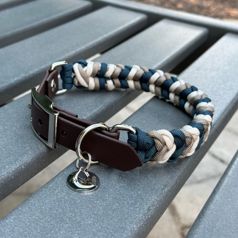 Coiled Charm Hand Braided Dog Collar in Navy, Tan, & Cream - American Bark Bliss