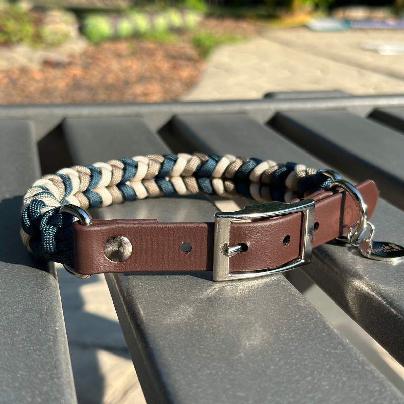 Coiled Charm Hand Braided Dog Collar in Navy, Tan, & Cream - American Bark Bliss