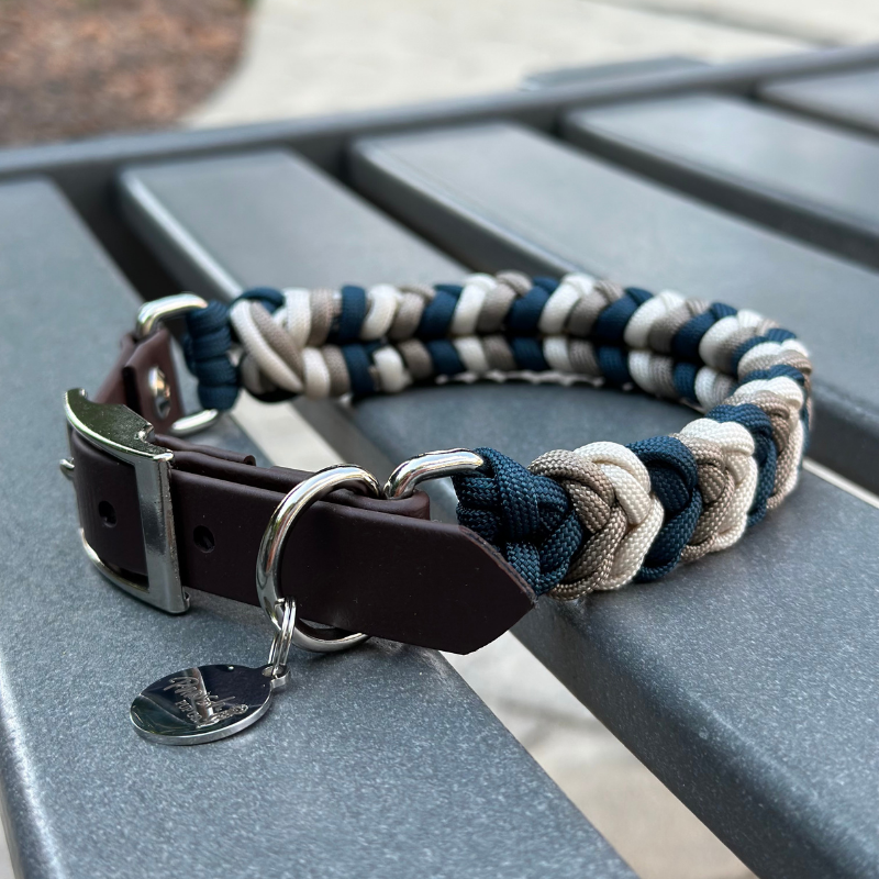 Coiled Charm Hand Braided Dog Collar in Navy, Tan, & Cream - American Bark Bliss