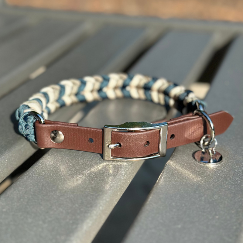 Coiled Charm Hand Braided Dog Collar in Navy, Tan, & Cream - American Bark Bliss