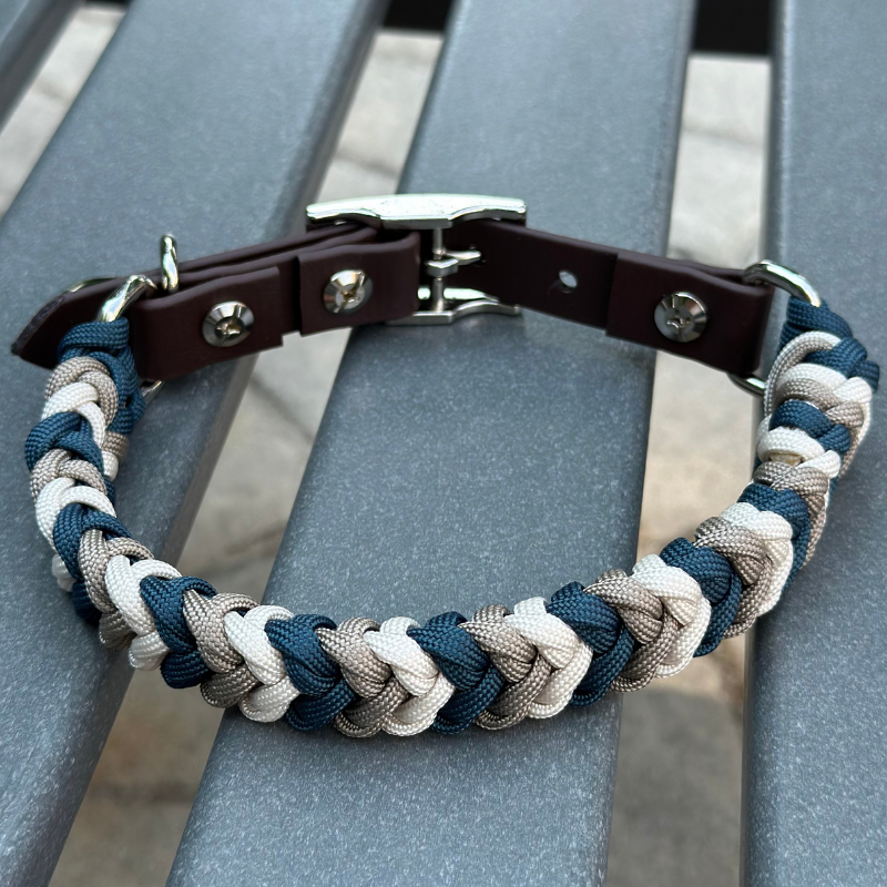 Coiled Charm Hand Braided Dog Collar in Navy, Tan, & Cream - American Bark Bliss