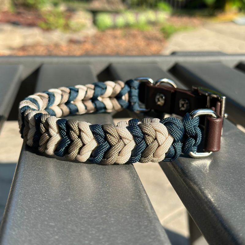 Coiled Charm Hand Braided Dog Collar in Navy, Tan, & Cream - American Bark Bliss