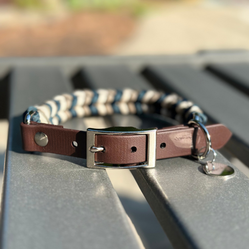 Coiled Charm Hand Braided Dog Collar in Navy, Tan, & Cream - American Bark Bliss