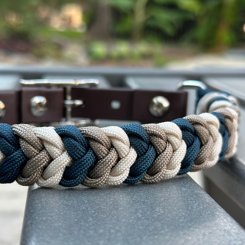 Coiled Charm Hand Braided Dog Collar in Navy, Tan, & Cream - American Bark Bliss