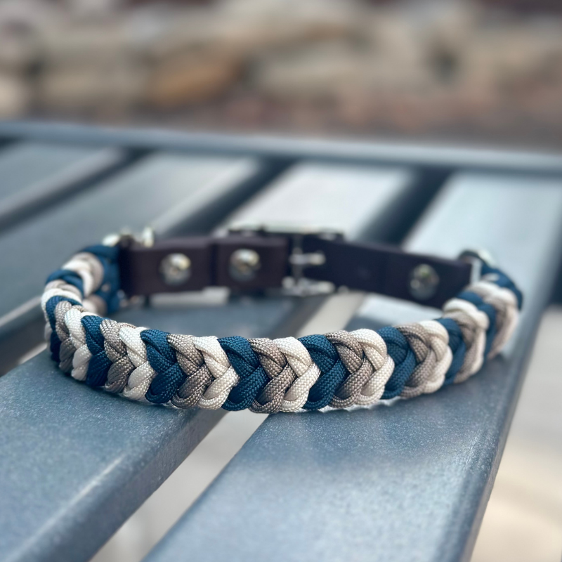 Coiled Charm Hand Braided Dog Collar in Navy, Tan, & Cream - American Bark Bliss