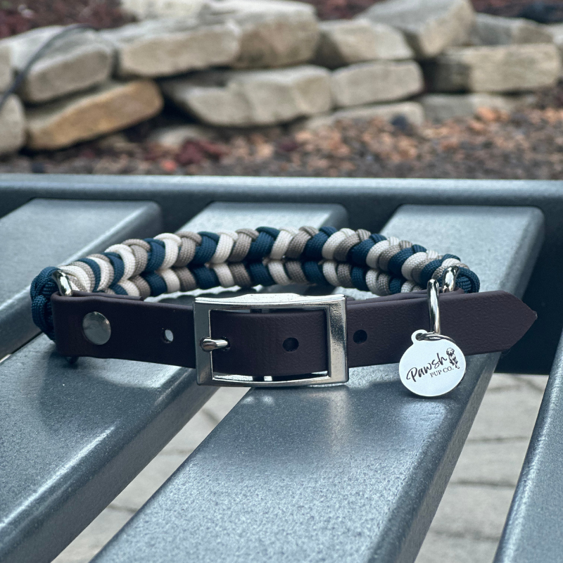 Coiled Charm Hand Braided Dog Collar in Navy, Tan, & Cream - American Bark Bliss