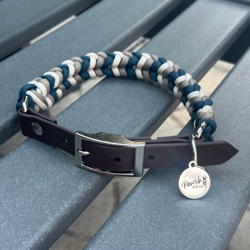 Coiled Charm Hand Braided Dog Collar in Navy, Tan, & Cream - American Bark Bliss
