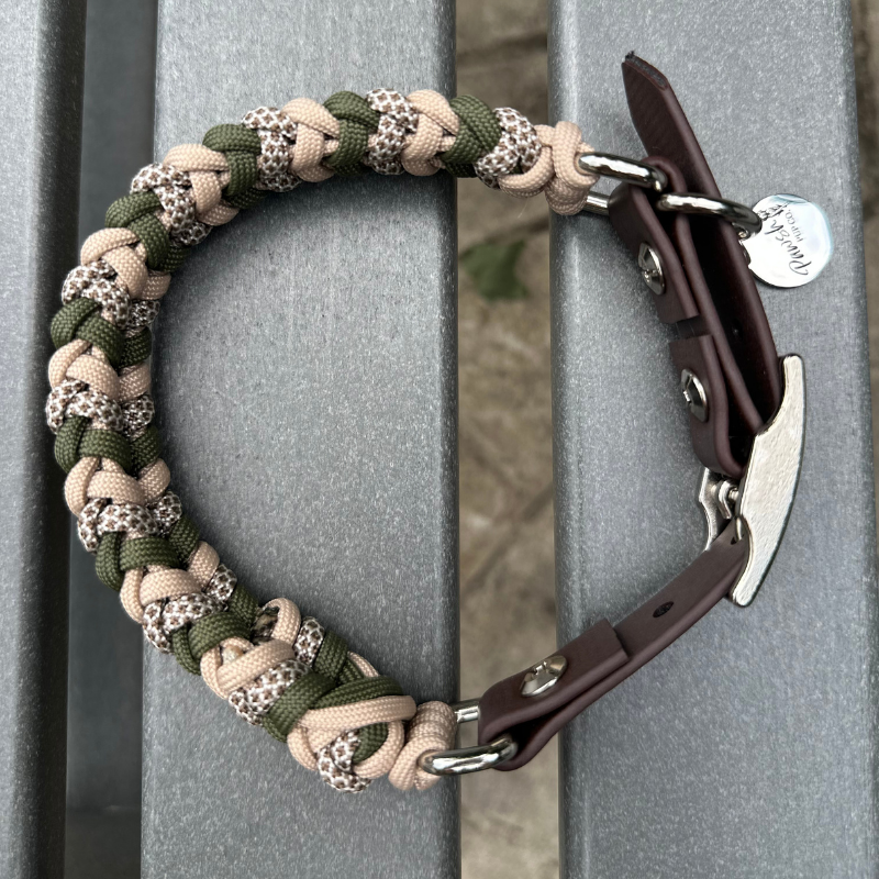 Coiled Charm Hand Braided Dog Collar in Olive, Light Tan, & Coyote Brown Diamonds - American Bark Bliss