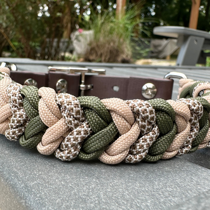 Coiled Charm Hand Braided Dog Collar in Olive, Light Tan, & Coyote Brown Diamonds - American Bark Bliss