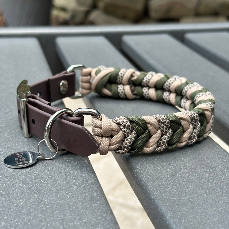 Coiled Charm Hand Braided Dog Collar in Olive, Light Tan, & Coyote Brown Diamonds - American Bark Bliss