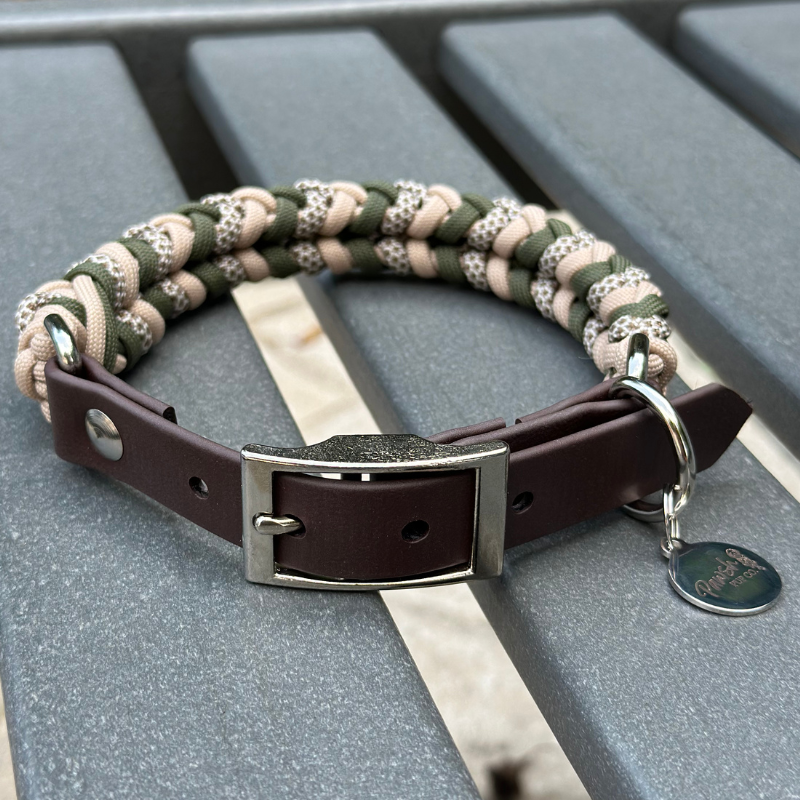 Coiled Charm Hand Braided Dog Collar in Olive, Light Tan, & Coyote Brown Diamonds - American Bark Bliss