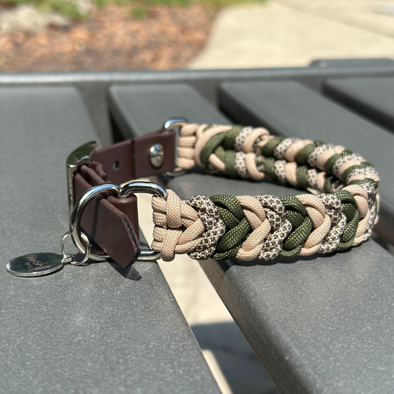 Coiled Charm Hand Braided Dog Collar in Olive, Light Tan, & Coyote Brown Diamonds - American Bark Bliss