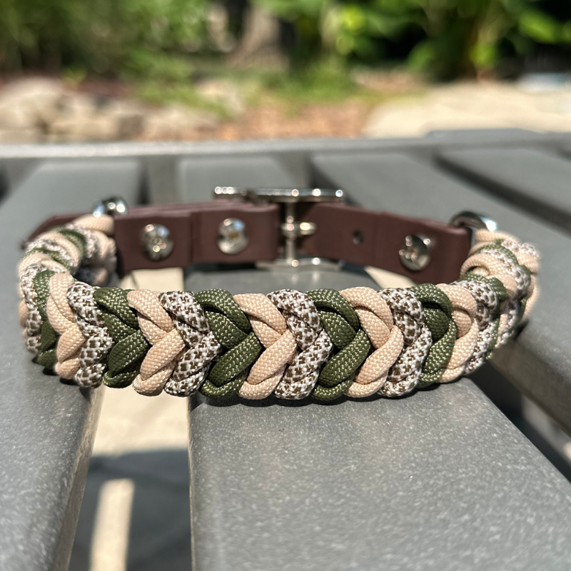 Coiled Charm Hand Braided Dog Collar in Olive, Light Tan, & Coyote Brown Diamonds - American Bark Bliss