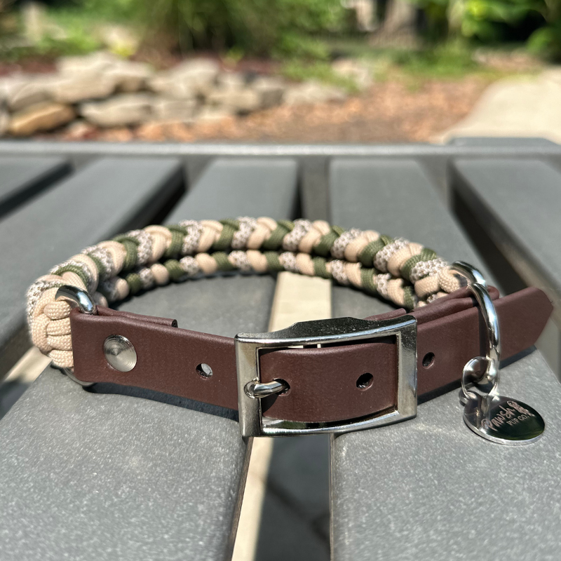 Coiled Charm Hand Braided Dog Collar in Olive, Light Tan, & Coyote Brown Diamonds - American Bark Bliss