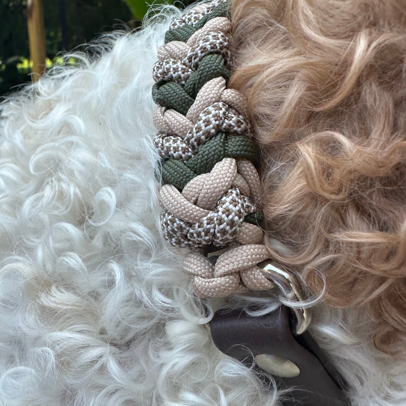 Coiled Charm Hand Braided Dog Collar in Olive, Light Tan, & Coyote Brown Diamonds - American Bark Bliss