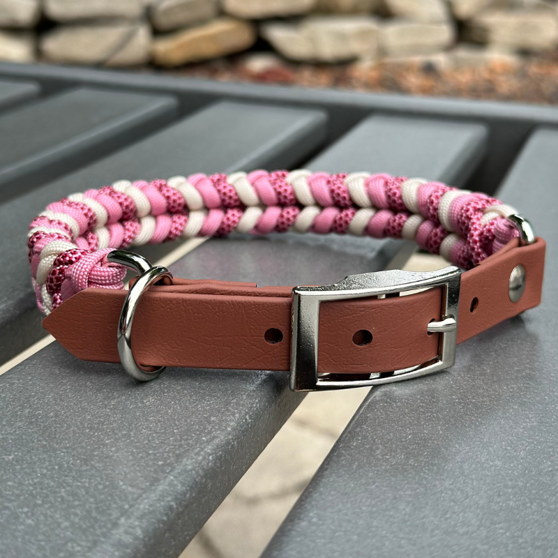 Coiled Charm Hand Braided Dog Collar in Pink, Red Diamonds, & Cream - American Bark Bliss