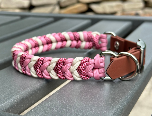 Coiled Charm Hand Braided Dog Collar in Pink, Red Diamonds, & Cream - American Bark Bliss