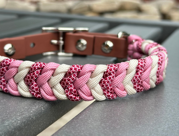 Coiled Charm Hand Braided Dog Collar in Pink, Red Diamonds, & Cream - American Bark Bliss
