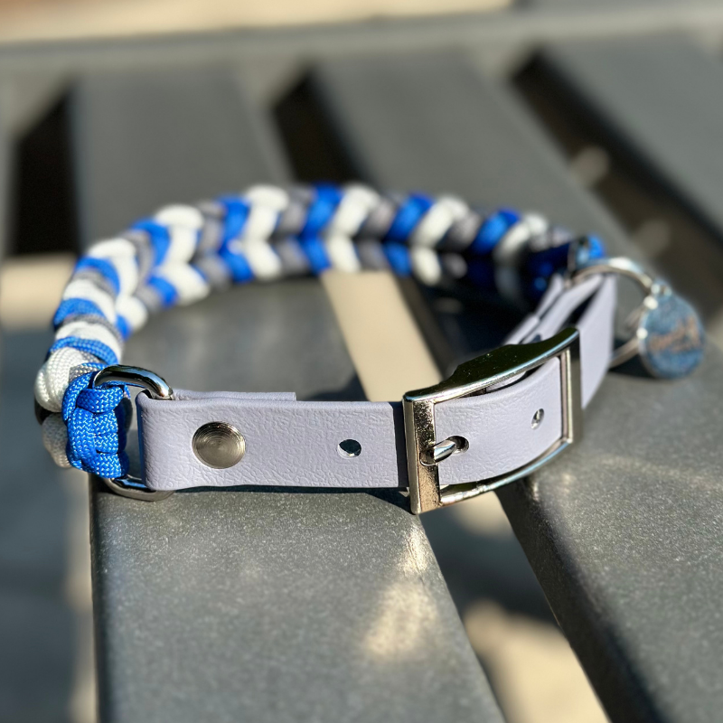 Coiled Charm Hand Braided Dog Collar in Royal Blue, Graphite, & White - American Bark Bliss