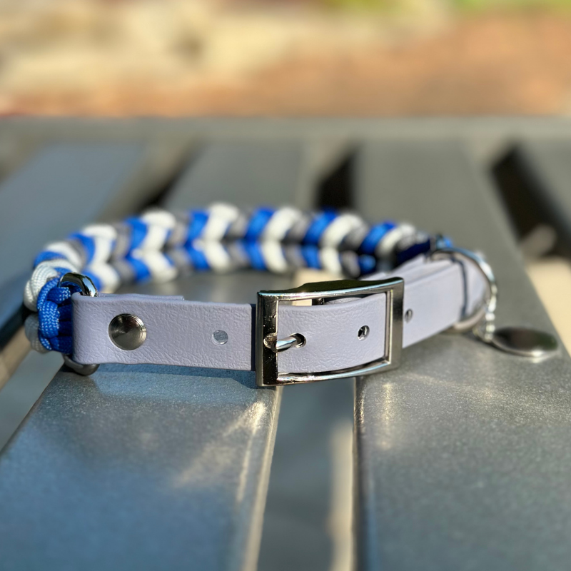 Coiled Charm Hand Braided Dog Collar in Royal Blue, Graphite, & White - American Bark Bliss