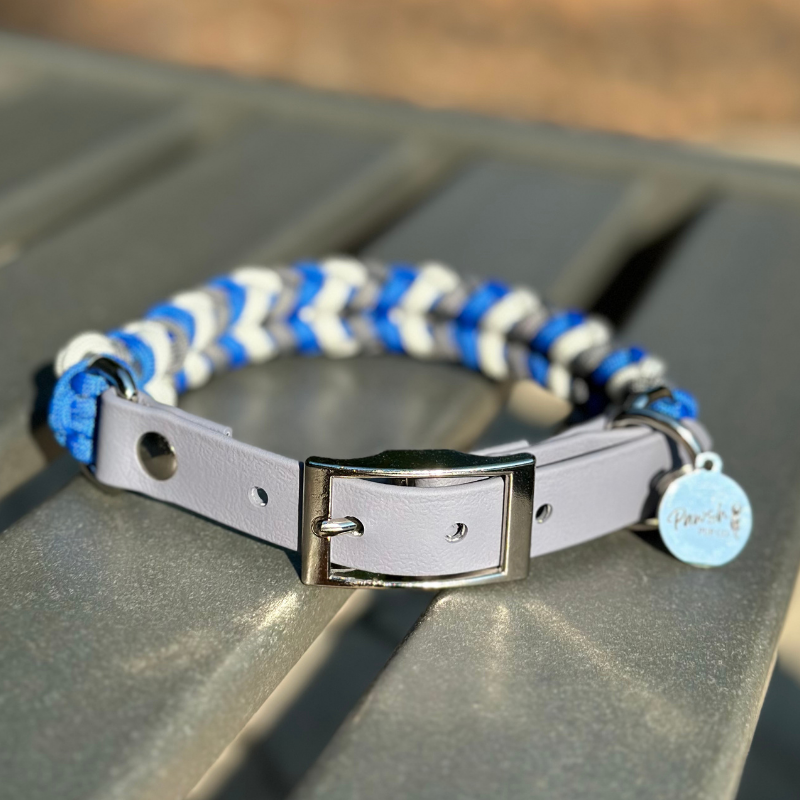 Coiled Charm Hand Braided Dog Collar in Royal Blue, Graphite, & White - American Bark Bliss