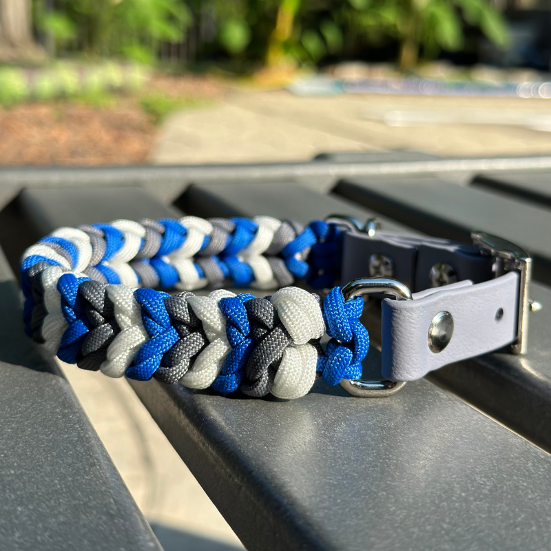 Coiled Charm Hand Braided Dog Collar in Royal Blue, Graphite, & White - American Bark Bliss