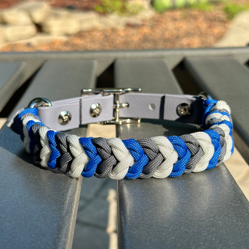 Coiled Charm Hand Braided Dog Collar in Royal Blue, Graphite, & White - American Bark Bliss