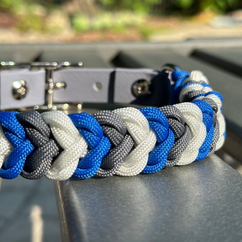 Coiled Charm Hand Braided Dog Collar in Royal Blue, Graphite, & White - American Bark Bliss