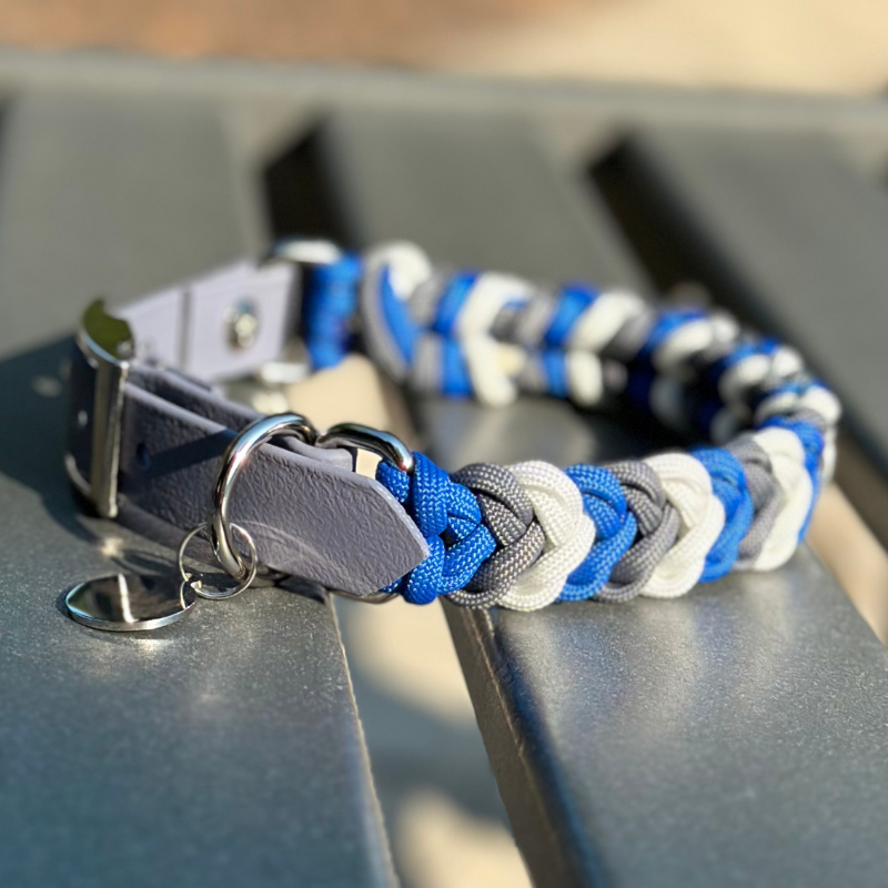 Coiled Charm Hand Braided Dog Collar in Royal Blue, Graphite, & White - American Bark Bliss