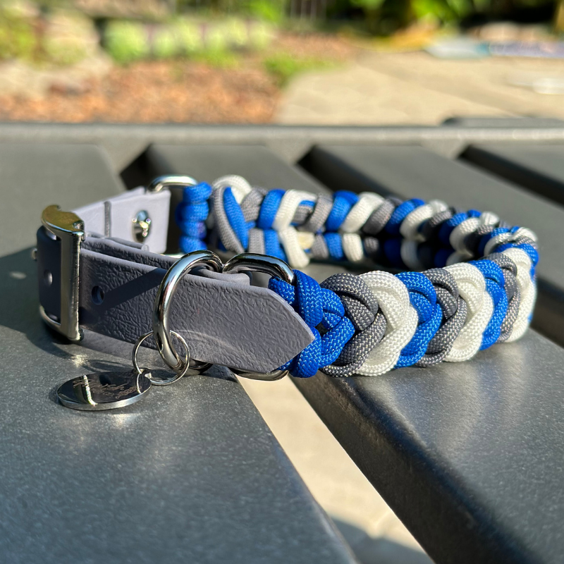 Coiled Charm Hand Braided Dog Collar in Royal Blue, Graphite, & White - American Bark Bliss