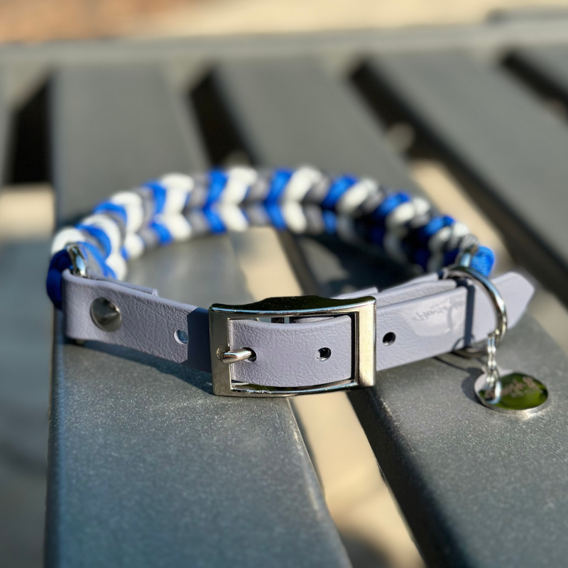 Coiled Charm Hand Braided Dog Collar in Royal Blue, Graphite, & White - American Bark Bliss