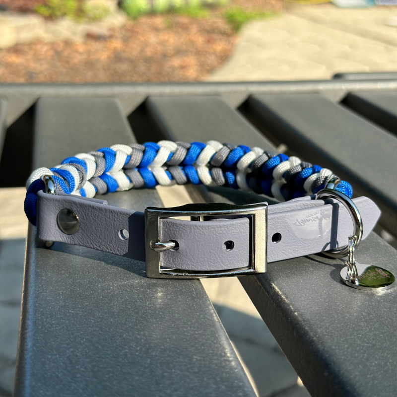 Coiled Charm Hand Braided Dog Collar in Royal Blue, Graphite, & White - American Bark Bliss
