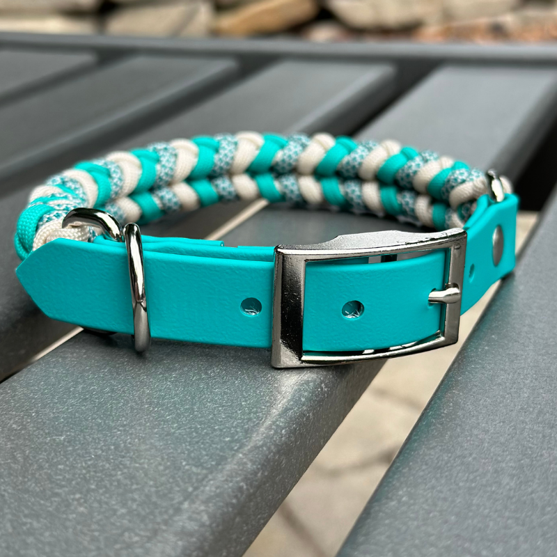 Coiled Charm Hand Braided Dog Collar in Teal, Cream, & Teal Diamonds - American Bark Bliss