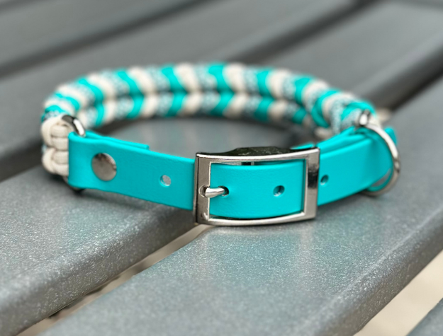 Coiled Charm Hand Braided Dog Collar in Teal, Cream, & Teal Diamonds - American Bark Bliss