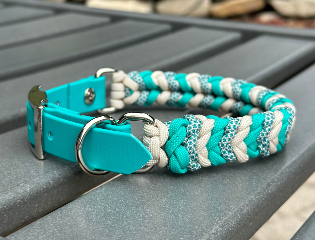 Coiled Charm Hand Braided Dog Collar in Teal, Cream, & Teal Diamonds - American Bark Bliss