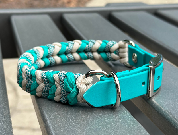 Coiled Charm Hand Braided Dog Collar in Teal, Cream, & Teal Diamonds - American Bark Bliss