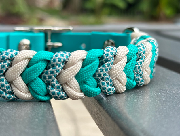 Coiled Charm Hand Braided Dog Collar in Teal, Cream, & Teal Diamonds - American Bark Bliss