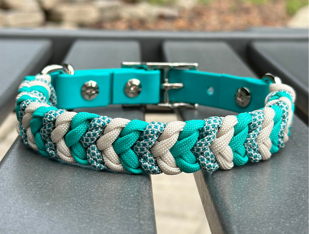 Coiled Charm Hand Braided Dog Collar in Teal, Cream, & Teal Diamonds - American Bark Bliss