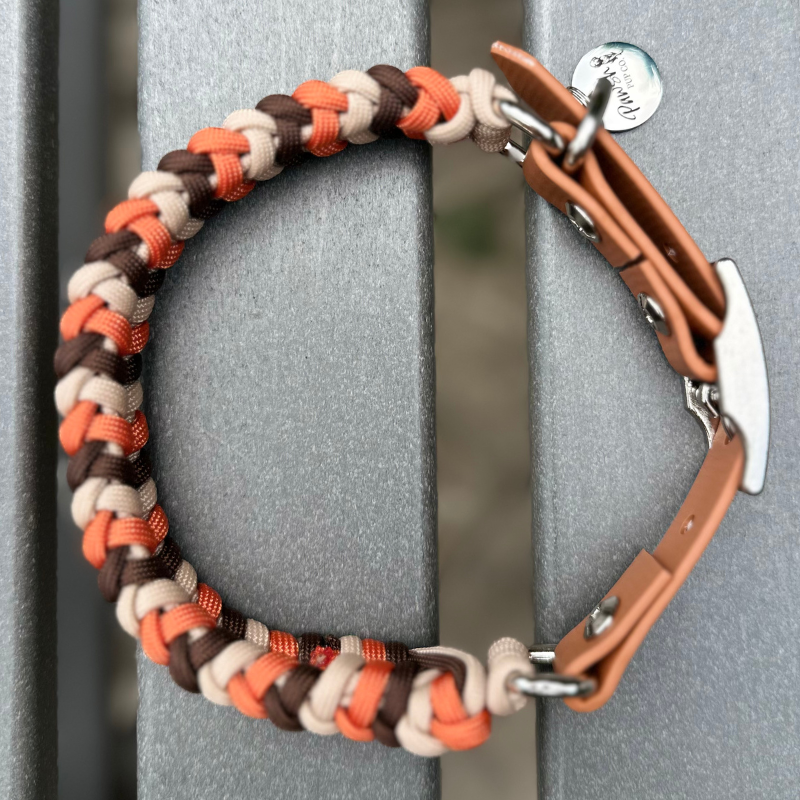 Coiled Charm Hand Braided Dog Collar in Burnt Orange, Walnut Brown, & Light Tan - American Bark Bliss