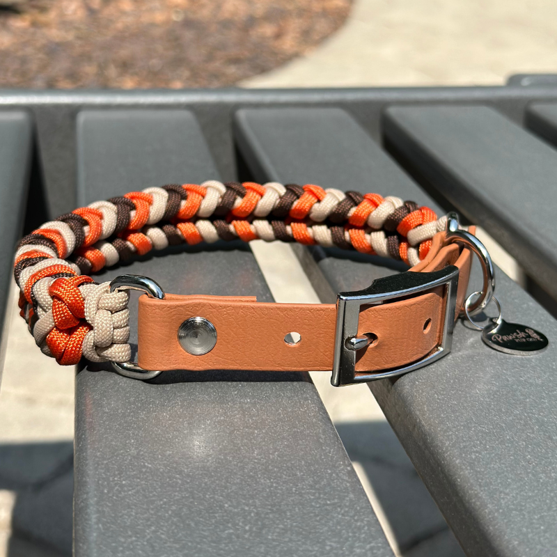 Coiled Charm Hand Braided Dog Collar in Burnt Orange, Walnut Brown, & Light Tan - American Bark Bliss