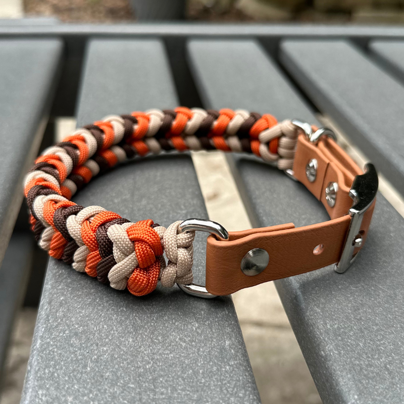 Coiled Charm Hand Braided Dog Collar in Burnt Orange, Walnut Brown, & Light Tan - American Bark Bliss