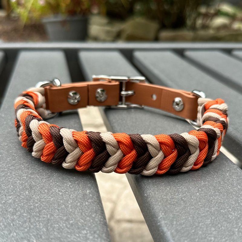 Coiled Charm Hand Braided Dog Collar in Burnt Orange, Walnut Brown, & Light Tan - American Bark Bliss