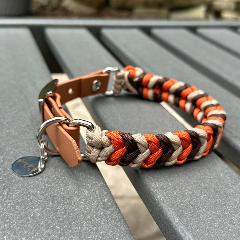 Coiled Charm Hand Braided Dog Collar in Burnt Orange, Walnut Brown, & Light Tan - American Bark Bliss
