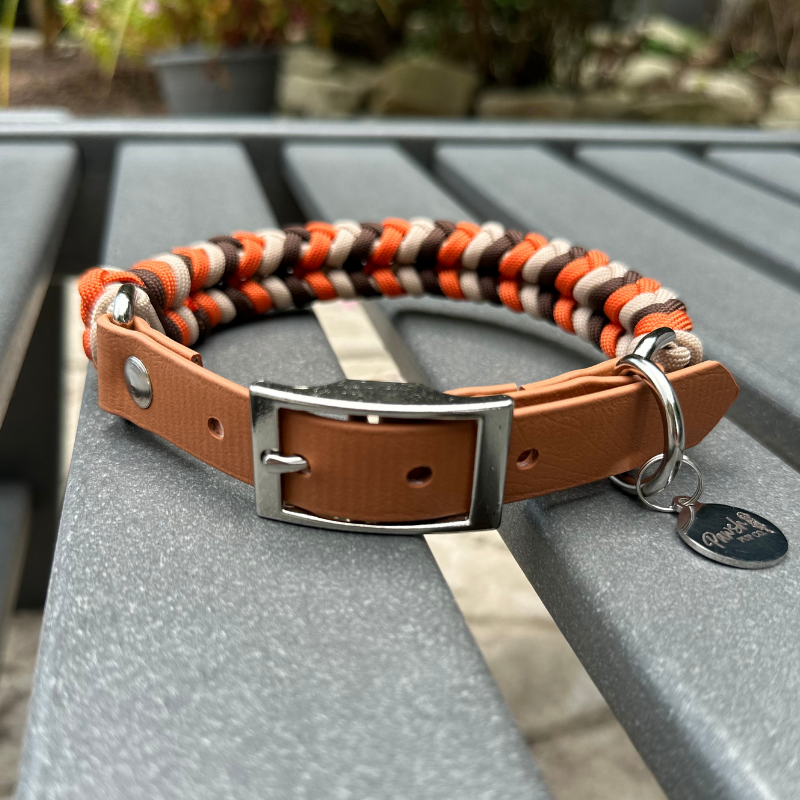 Coiled Charm Hand Braided Dog Collar in Burnt Orange, Walnut Brown, & Light Tan - American Bark Bliss